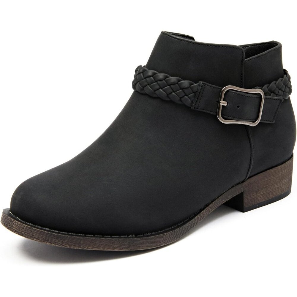 Veittes Women's Black Comfort Slip On Low Chunky Heel Boot With Buckle Strap